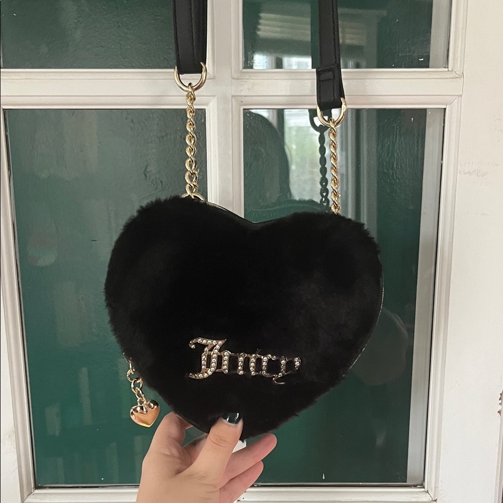 Juicy Couture Black Furry Heart Crossbody Bag